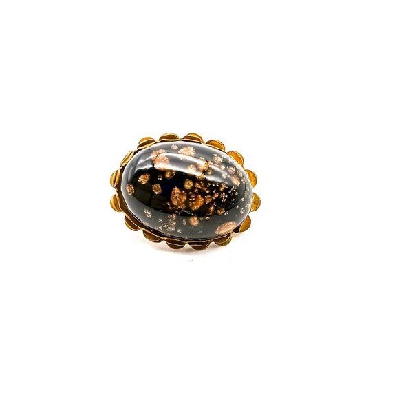 Vintage Copper Fluss Brooch, Gold Tone Oval with Glittering Black Glass Cabochon - Picture 1 of 3